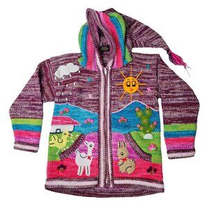 Kids Alpaca Wool Knit Zip Up Sweater Jacket Hood Cactus Animals Made In Peru